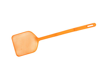 Orange plastic fly swatter isolated on white background.