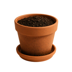 Terracotta pot filled with dark soil isolated on transparent background
