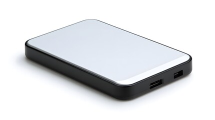 Portable charger lying on white background featuring USB ports; black and white design.