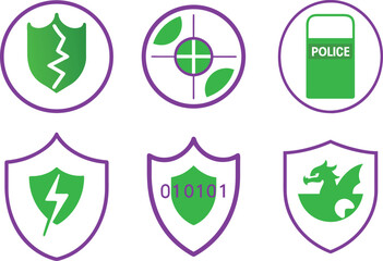 Obraz premium Cybersecurity, protection, and law enforcement icon set with tech shields and digital security