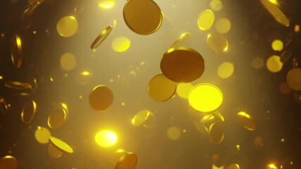 Falling gold coins. A rain of gold coins. Crypto exchange. Big win. 3D 4K loop animation