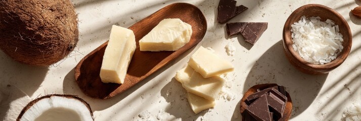 Natural Ingredients on a Rustic Table Showcase Coconut, Cacao, and Fine Salt for Culinary Creations and Healthy Recipes © Anat art