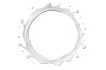 Milk droplet creating dynamic circular splash pattern, showcasing fluid motion against clean transparent surface