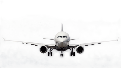 Airplane approaching landing at an airport under cloudy skies with a focus on the aircraft's front view