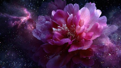 A vibrant pink peony in a cosmic setting