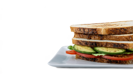 Delicious vegetarian sandwich made with fresh vegetables on toasted bread served on a white plate