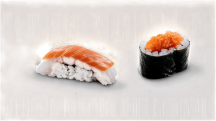 Colorful sushi selection featuring salmon and ikura rolls on a minimalist plate