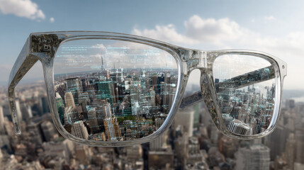 Augmented reality glasses with AI interface overlaying cityscape