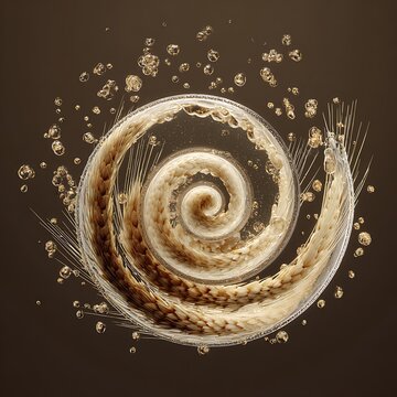 Spiraling Beer Art: A visually stunning art piece showcases the beautiful flowing beer in a spiral formation with detailed depiction of the grain, bubbles, and the essence of brewing.