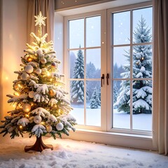 Christmas tree by window in snowy landscape