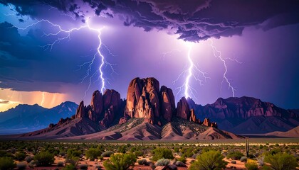 Dramatic lightning storm over desert landscape