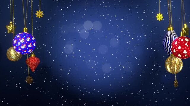 Festive New Year and Christmas background with beautiful New Year balls and snowflakes. 4k loop animation video
