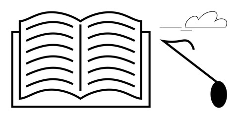 Open book with visible lines, a floating musical note, and a simple cloud. Ideal for creativity, learning, storytelling, art, imagination music and education. Minimalist flat metaphor