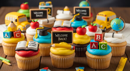 A delightful array of back to school themed cupcakes with various educational decorations on a wooden surface ai generated