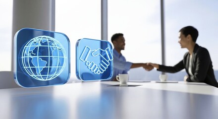 Business professionals shaking hands with digital global network and partnership icons