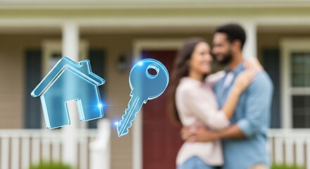 Happy couple celebrates new home ownership with glowing digital house and key icons