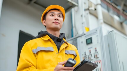 Young asian engineer wearing a yellow hardhat and hi viz jacket, holding a pda while looking up at a large power plant, embodies professionalism and innovation in the energy industry