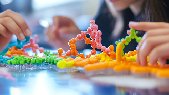 Close-up of a 3D-printed tactile molecular model showing stages of autophagy, hands of visually impaired student exploring it in science class