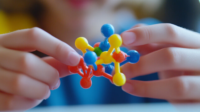Close-up of a 3D-printed tactile molecular model showing stages of autophagy, hands of visually impaired student exploring it in science class - Powered by Adobe