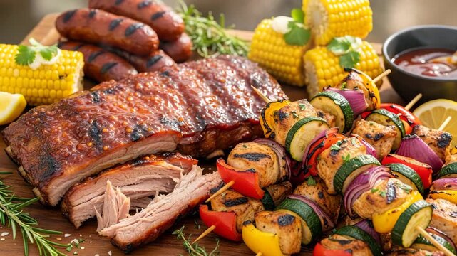 Grilled meat platter with ribs, sausages, corn, and vegetable skewers  