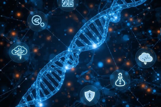 Illuminated dna strand with connected digital icons on a dark blue and orange background design