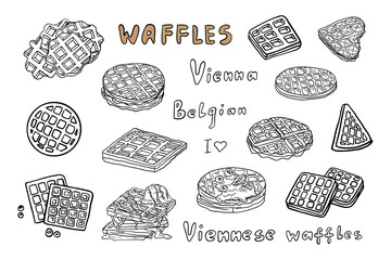 Large set of Viennese waffles in various shapes and with different fillings. Vienna and Belgian waffles. Breakfast. Dessert. Hand drawn