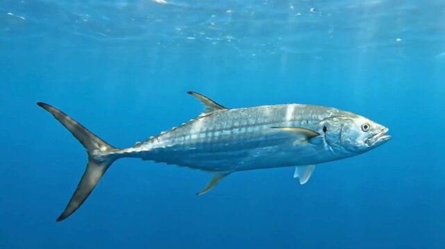 Majestic Wahoo Fish Swimming Gracefully in Clear Blue Ocean Waters, Sunlight Filtering Through