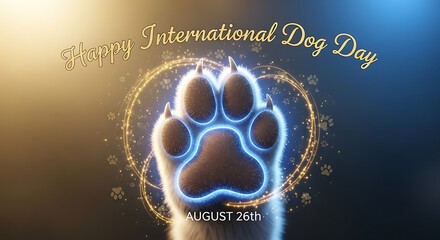 Happy international dog day banner with paw print and golden sparkles on a gradient background ai generated