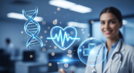 Futuristic healthcare innovation with glowing DNA heart and medical cross symbols