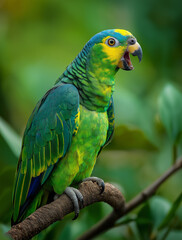 A vibrant green parrot with blue ,green, red and yellow feathers perched on a tree branch, with a lush green background in a close-up shot