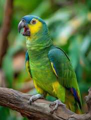 Obraz premium A vibrant green parrot with blue ,green, red and yellow feathers perched on a tree branch, with a lush green background in a close-up shot