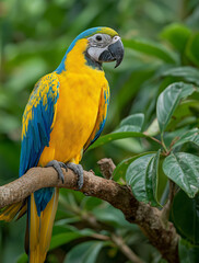 Obraz premium A vibrant green parrot with blue ,green, red and yellow feathers perched on a tree branch, with a lush green background in a close-up shot