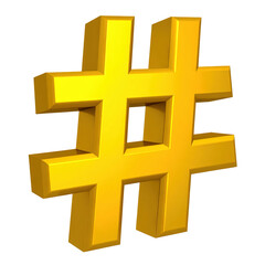 Obraz premium Bright yellow 3D hashtag symbol on a plain white background, representing social media, digital communication, online trends, hashtag popularity, digital marketing, modern technology concept