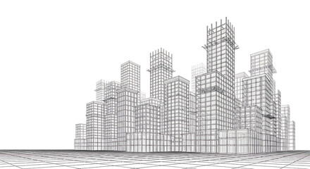 Obraz premium Detailed architectural sketch of a dense city skyline with numerous skyscrapers and buildings rendered in black ink on a white background