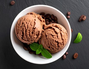 Chocolate ice cream scoops in a white bowl