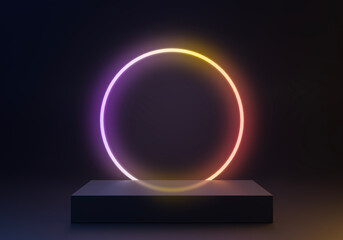 3D podium with glowing circle frame and dark background