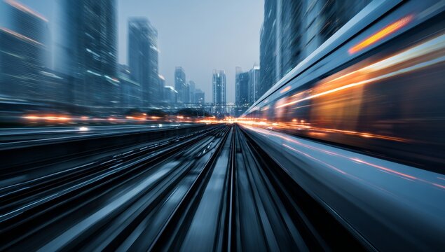 High-speed train in motion on the railway, a futuristic high-speed passenger electric concept.