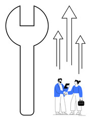 Large wrench with upward arrows signifying growth and progress, business professionals shaking hands in agreement. Ideal for teamwork, strategy, development, improvement, innovation, success