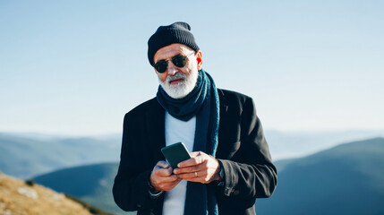Modern grandfather engaged with smartphone in a stunning mountainous landscape