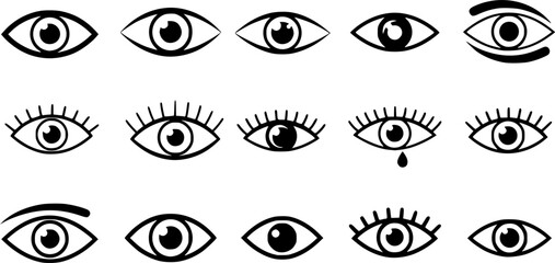 Obraz premium Eye vector icons. Human eyes, vision and view illustration signs. Eye icon. Visible, sleep and medicine supervision observe, lens or cry symbols set. 