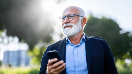 Modern grandfather explores technology in vibrant park setting