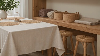 A beautifully styled dining room with a natural linen tablecloth wicker baskets and stools evoking a warm and inviting scandinavian interior design