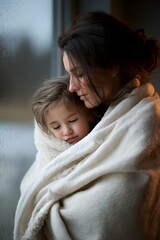 Mother Comforting Sleeping Child During Stormy Night – Soft Blanket, Dark Room, Emotional Safety Moment