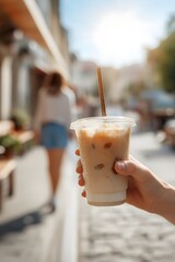 Woman’s Hand Holding Iced Latte with Straw – Sunny Street Lifestyle Shot, Condensation on Cup