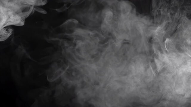 Swirling white smoke expands to fill the black frame. Hypnotic, smooth motion ideal for dramatic or mysterious scenes.