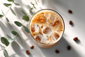 Top-Down Iced Latte with Swirls & Ice Cubes – Natural Leaf Shadows on Off-White Background for Café Branding