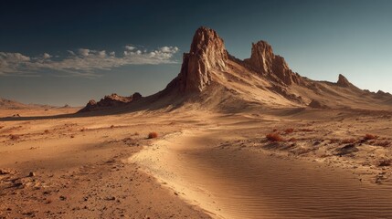 Fototapeta premium The image of a vast desert mountain under a blue sky reflects the heat and vastness of nature.