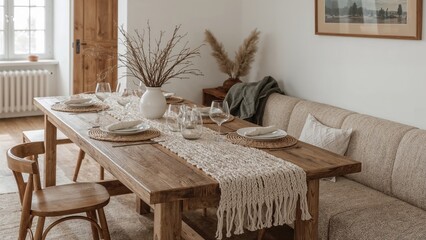 A beautifully decorated dining room featuring a rustic wooden table setting with elegant tableware decorative accents and elements of  scandinavian interior design.