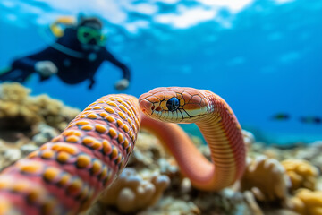 Venomous sea snake with colorful scales swimming on a coral reef with a scuba diver in the background, highlighting the beauty and danger
