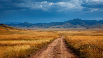 The image of a small road stretching through open fields and mountains as far as the eye can see gives a positive or peaceful feeling of travel, freedom, and solitude.